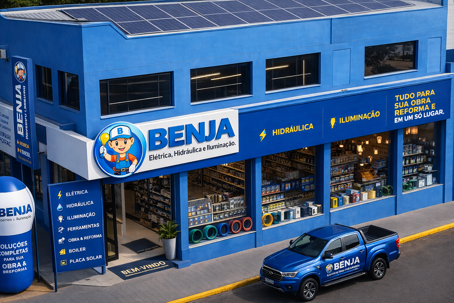 Fachada da loja BENJA Elétrica, Hidráulica e Iluminação em Taquaritinga